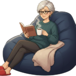 kumiさんがヨギボーに座って本を読みながらコーヒーを楽しんでいるリラックスシーン