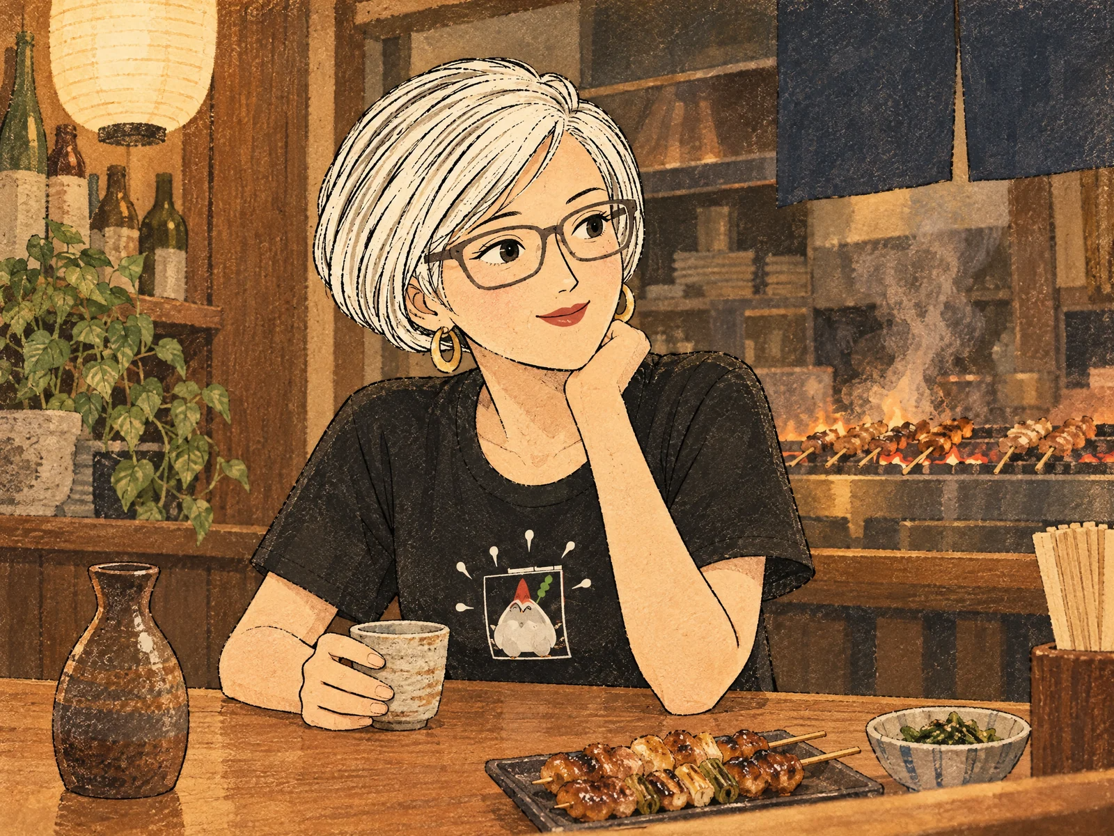 Kumiが炭火焼き鳥店でenipiyoのTシャツを着ている様子