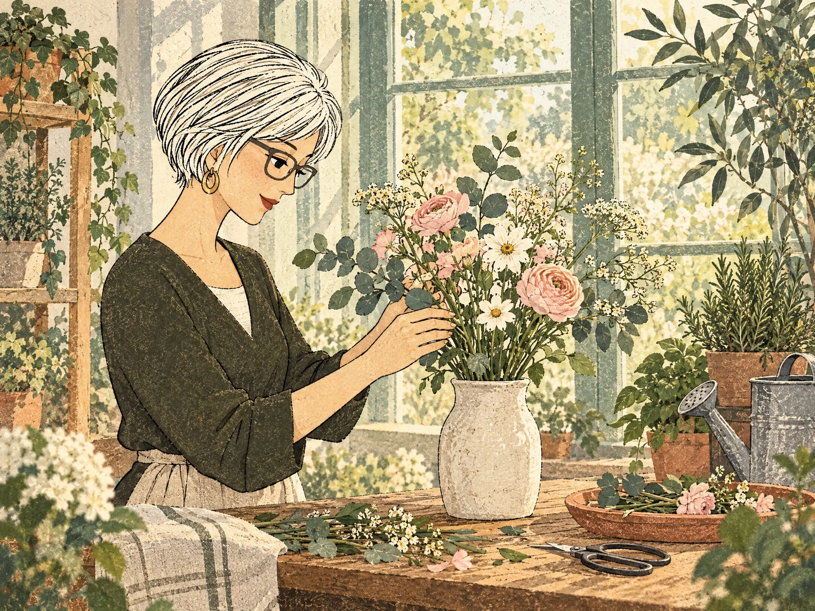 Kumiが季節の花を生け、庭の植物に囲まれている様子